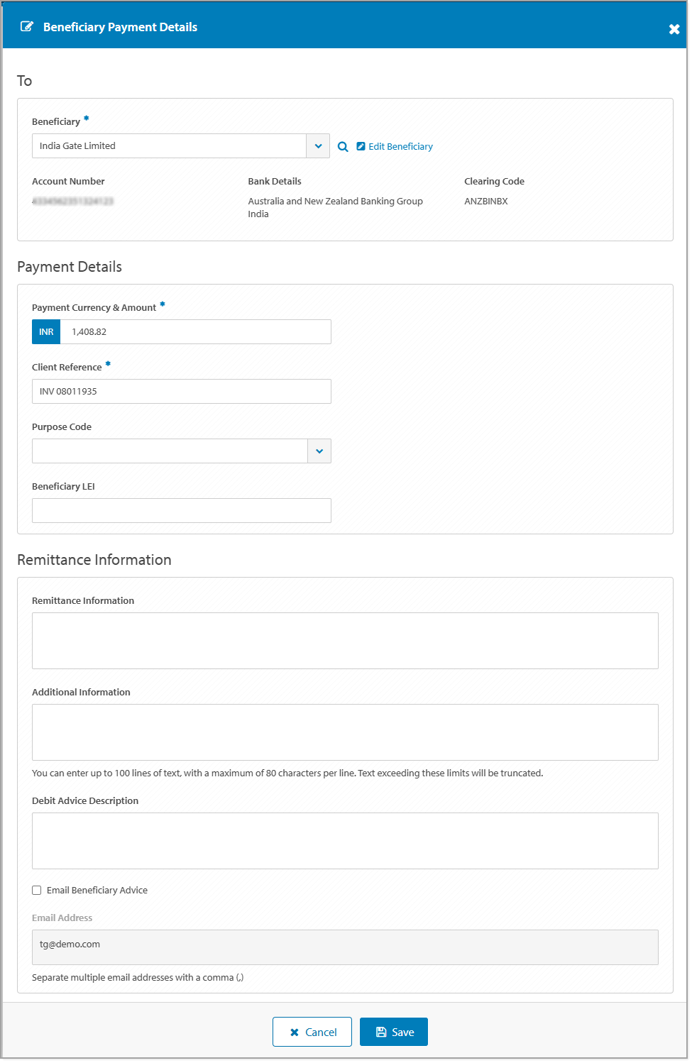 NEFT Beneficiary Payment Details screen - without Supporting Documents.png