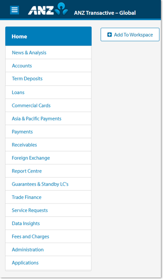 ANZ Transactive – Globalの左側ナビゲーションメニュー